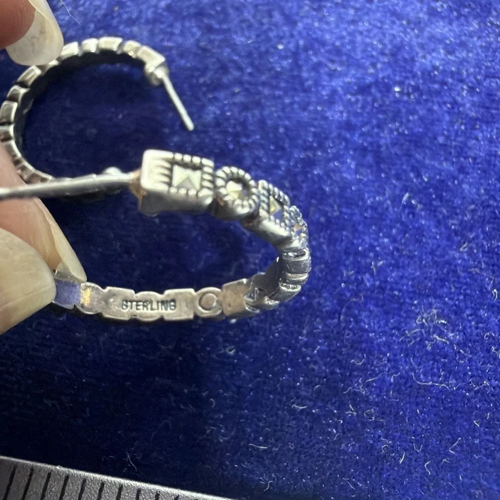 Vintage Sterling Silver 925 Marcasite Hoop Earrings Jewelry 4.5g